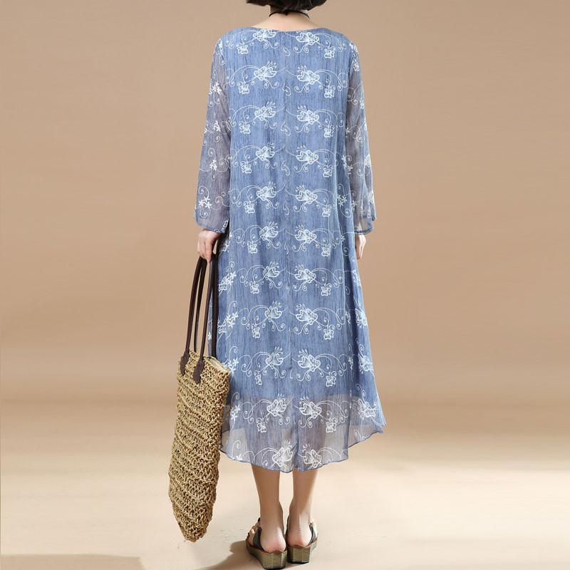 Classy Tunic Fine Summer Printing Loose Blue Dress