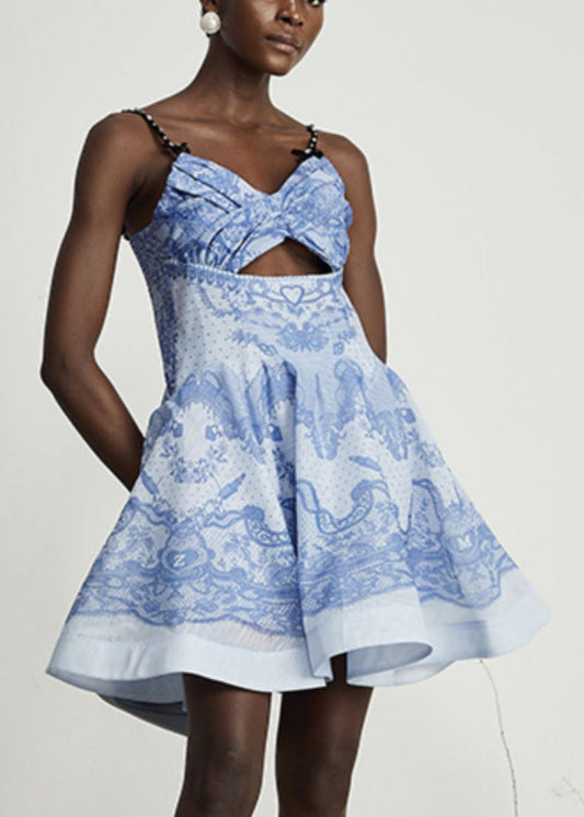 Blue Print Hollow Out Cotton Spaghetti Strap Dress Sleeveless
