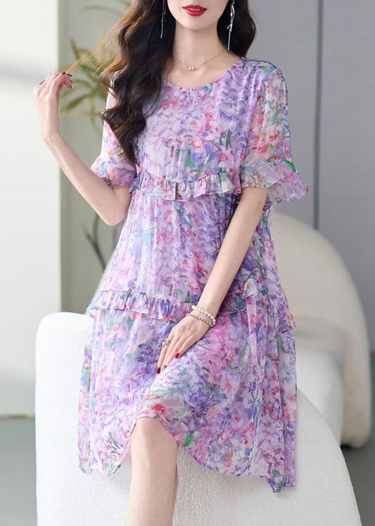 Italian Purple O-neck Ruffled Print Chiffon Dress Summer