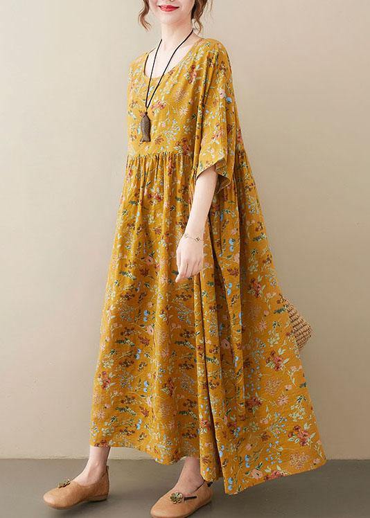 Natural Yellow O-neck Pockets Print Summer Sundress