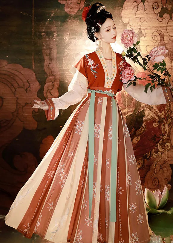 Red Embroideried Tops and Pleated Skirt Patchwork Two Pieces Set Fall