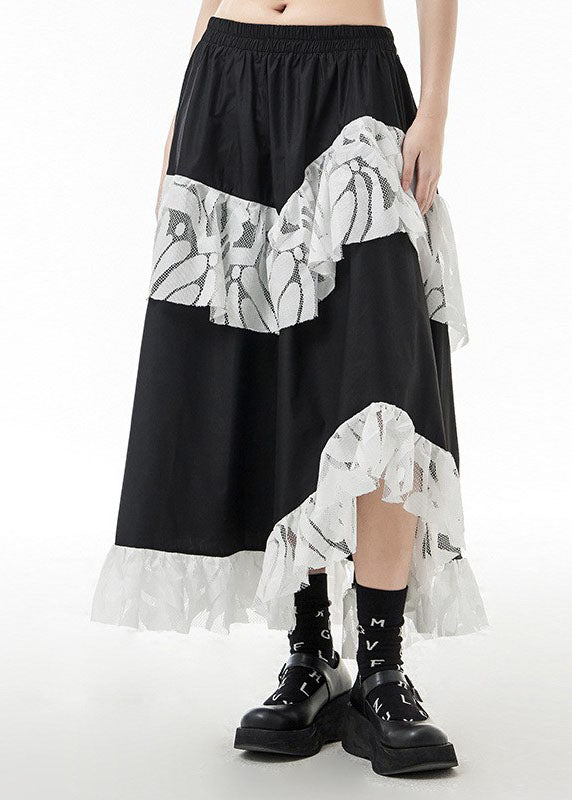 Black Elastic Waist Lace Patchwork Skirts Spring