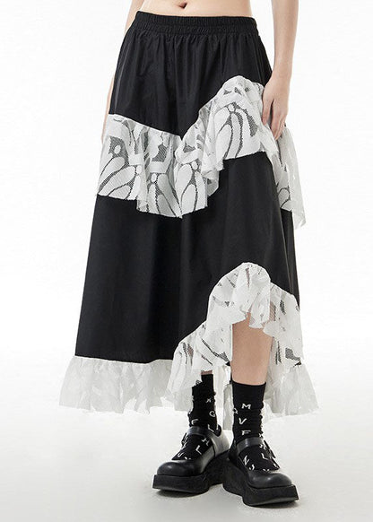 Black Elastic Waist Lace Patchwork Skirts Spring