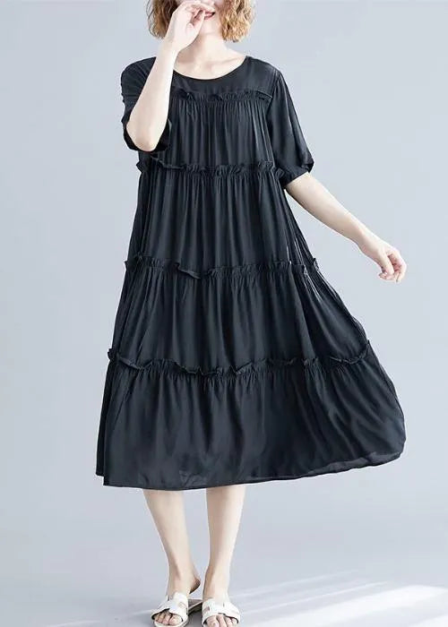 Modern Black Cotton Tunics O Neck Cinched Maxi Summer Dress