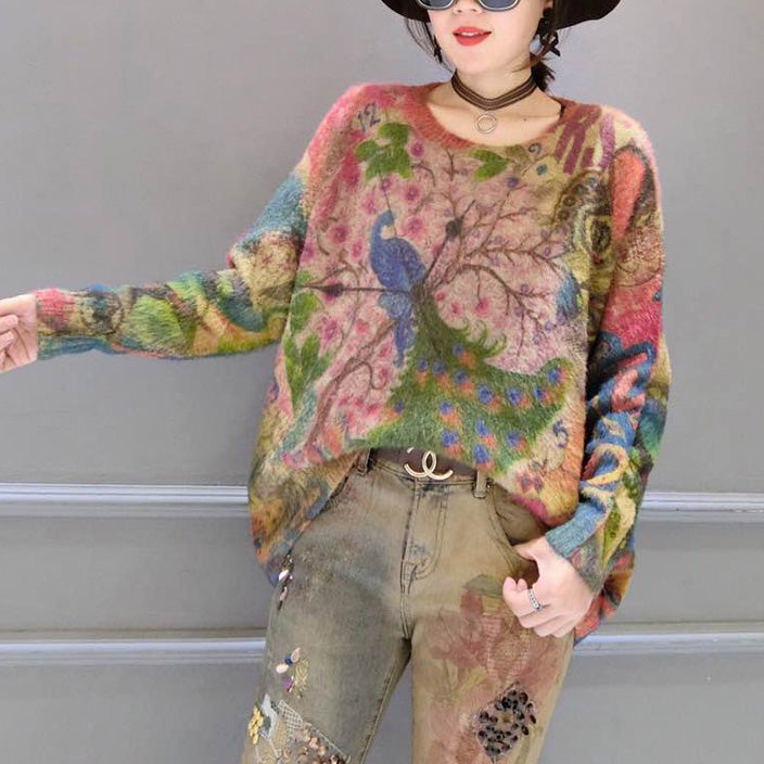 Oversize Prints Corduroy Sweater Thick Warm Long Sleeve Knit Tops