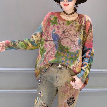 Oversize Prints Corduroy Sweater Thick Warm Long Sleeve Knit Tops