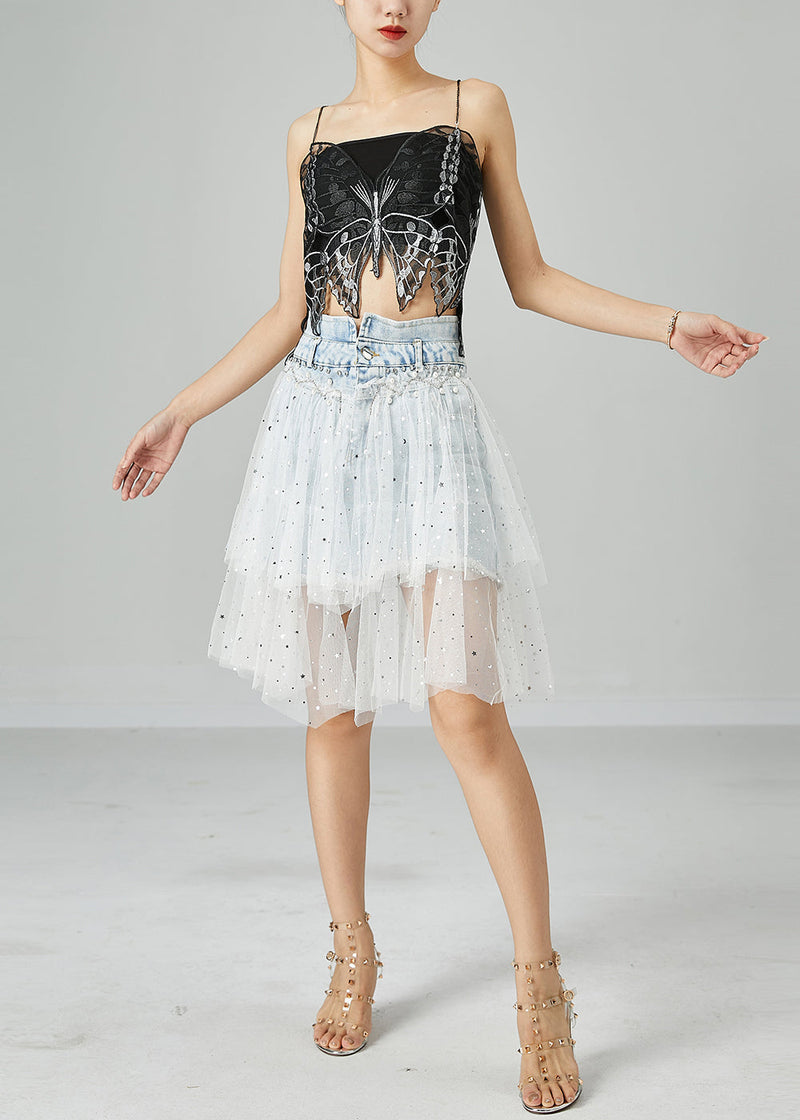 Light Blue Elastic Waist Tulle Patchwork Denim Skirts Summer