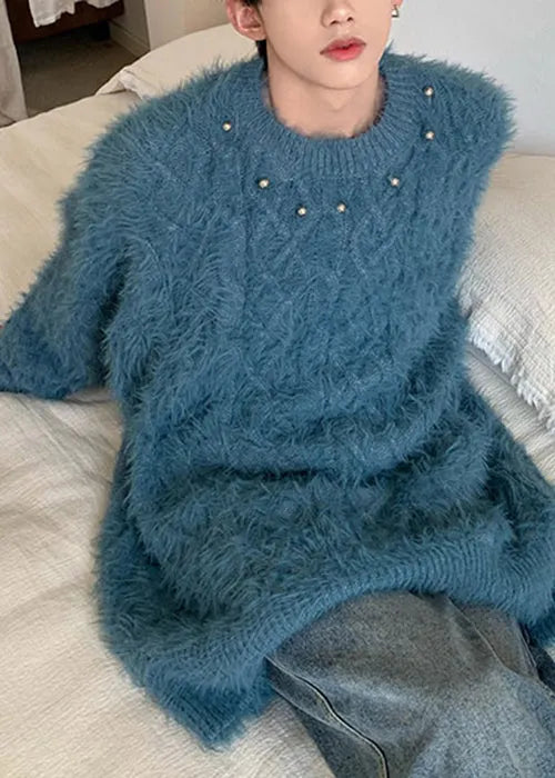 Blue O Neck Nail Bead Mink Hair Knitted Sweaters Winter