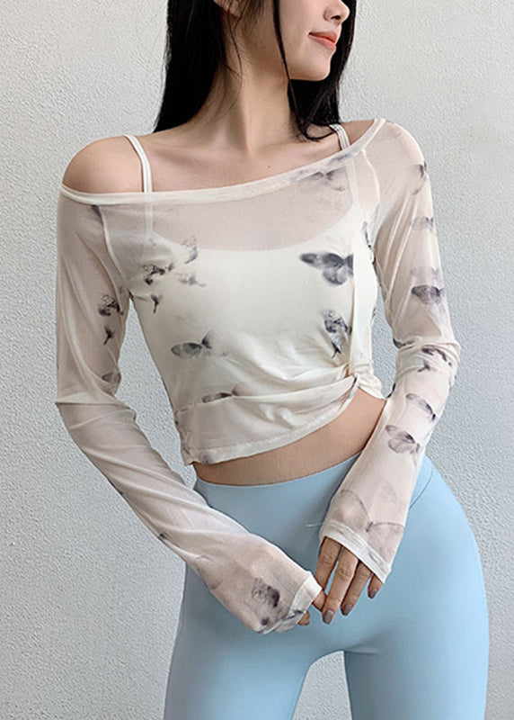 White Print Wrinkled Tulle Fitting Workout Tops