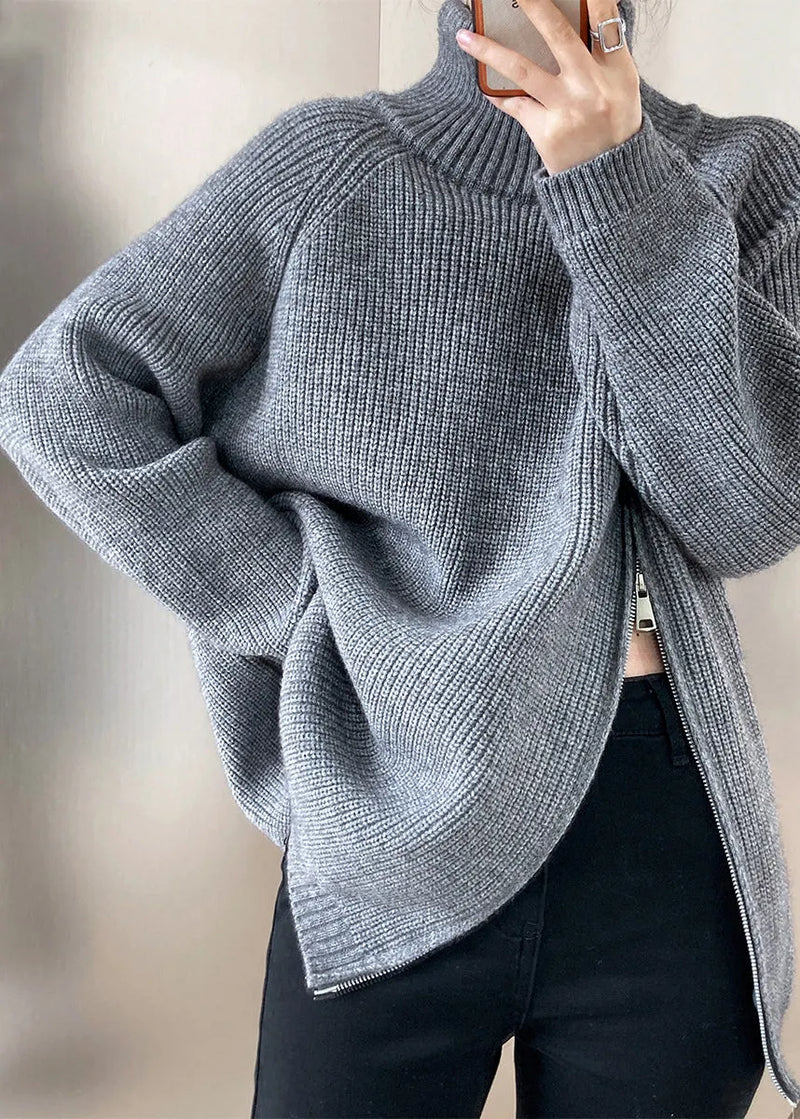 Grey Turtleneck Thick Cotton Knit Sweaters Fall