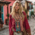 Women's Bohemian Floral Embroidery Art Linen Blend V-neck Shirt elevenforest