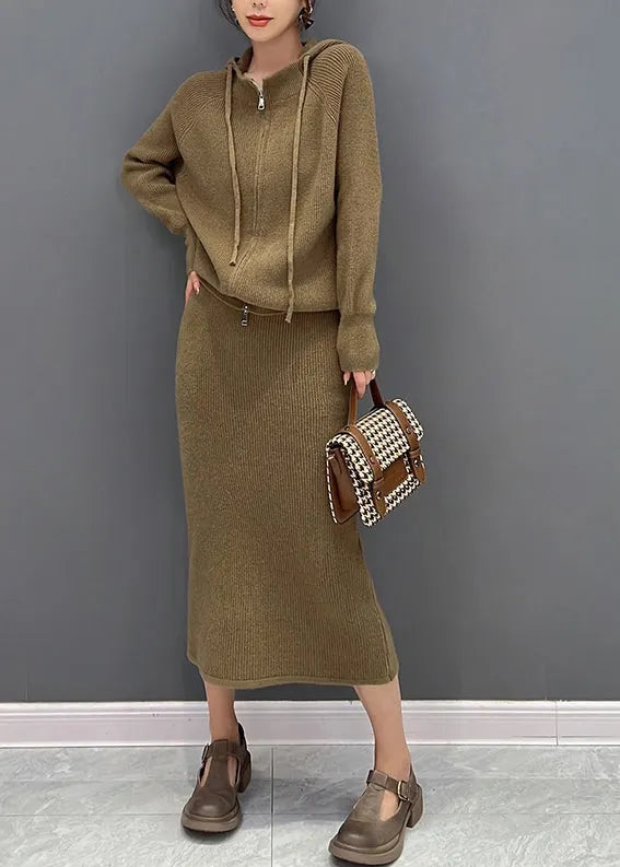 Brown Zippered Hooded Knit Sweaters and Maxi Skirts Two Piece Set Winter