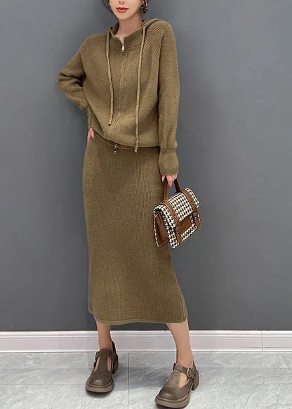 Brown Zippered Hooded Knit Sweaters and Maxi Skirts Two Piece Set Winter