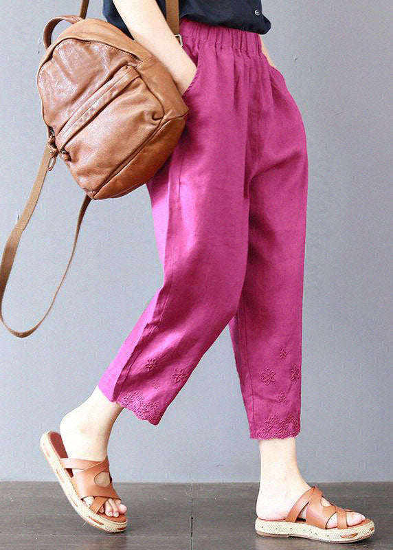 Italian Rose Embroidered Pockets Linen Pants Spring