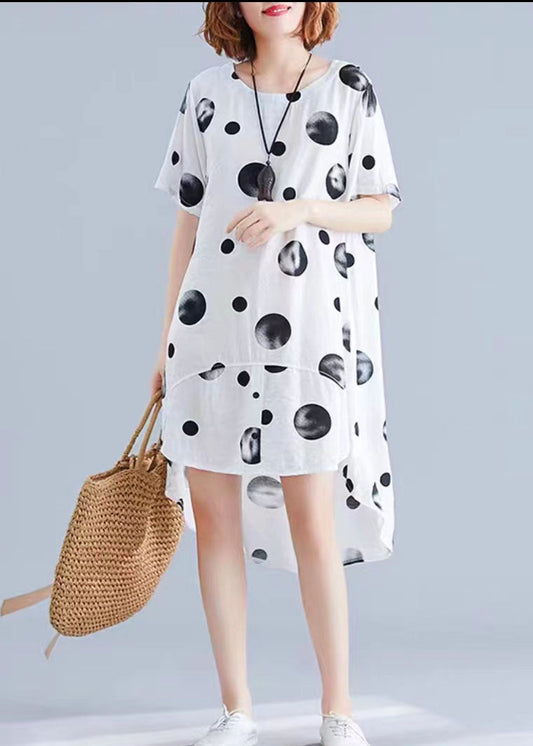 White Dotted Cotton Blend Dresses to Get Cotton Blend Stand Collar Tunic Summer Dresses