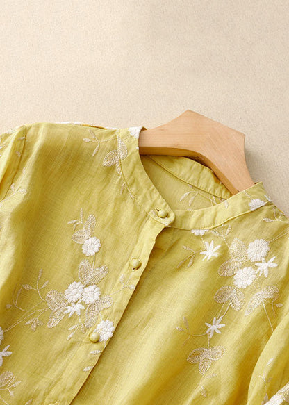Yellow Stand Collar Embroidered Patchwork Cotton Shirts Bracelet Sleeve