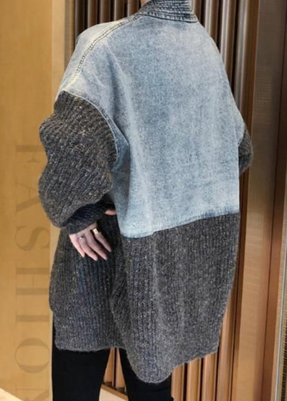 Autumn Winter New Loose Fit Denim Spliced Knitted Cardigan Coat