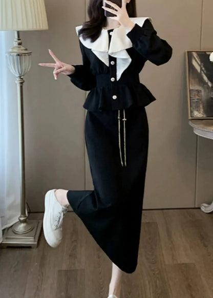 Stylish Black Ruffled Tops and Skirts Elastic Waist Cotton Two Pieces Set Spring