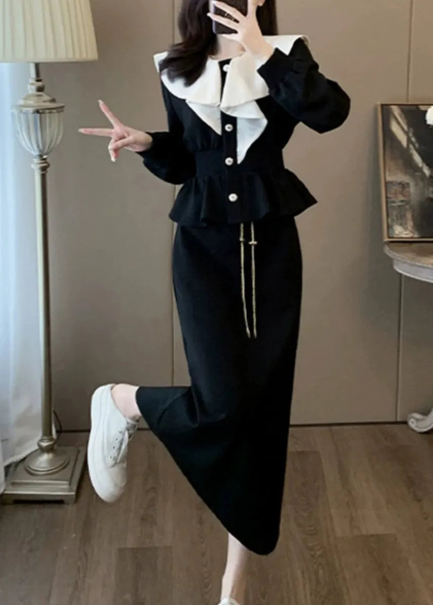 Stylish Black Ruffled Tops and Skirts Elastic Waist Cotton Two Pieces Set Spring