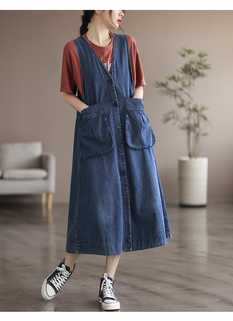Mid Length Sleeveless Large Pocket V-neck Dress