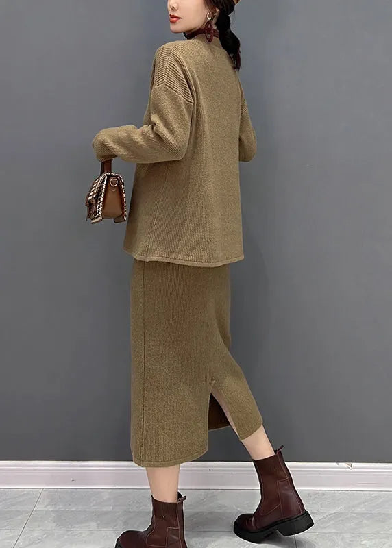 Coffe V Neck Knit Cardigans and Skirts Two Pieces Set Winter