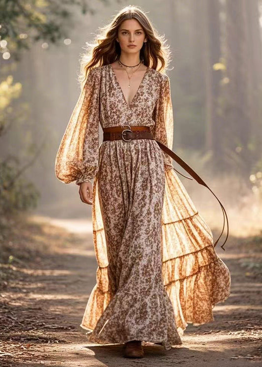 Khaki Cinched Print Cotton Vacation Dresses Lantern Sleeve