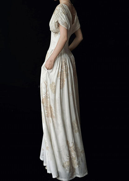 New White V Neck Print Pockets Cotton Maxi Dress Summer