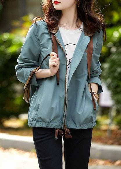 Blue Grey Hooded Zippered Pockets Cotton Coats Fall
