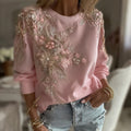Women's Pink Floral Embroidery Art Crew Neck Sweatshirt elevenforest