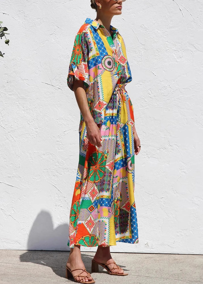Print Shirts and Maxi Skirts Two Piece Set Short Sleeve