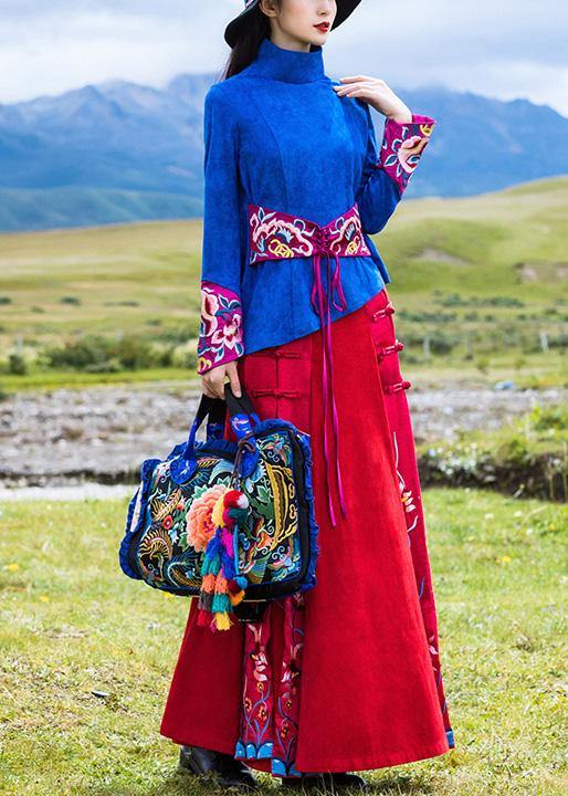 Vivid Chinese Button Cotton Embroidery Outfit Outfits Red Cotton Skirts