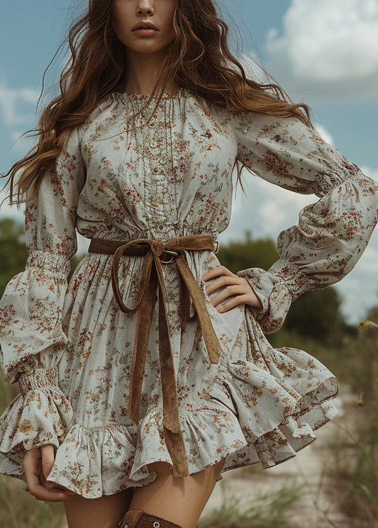 Pastoral Style Ruffled Mini Dresses Long Sleeve