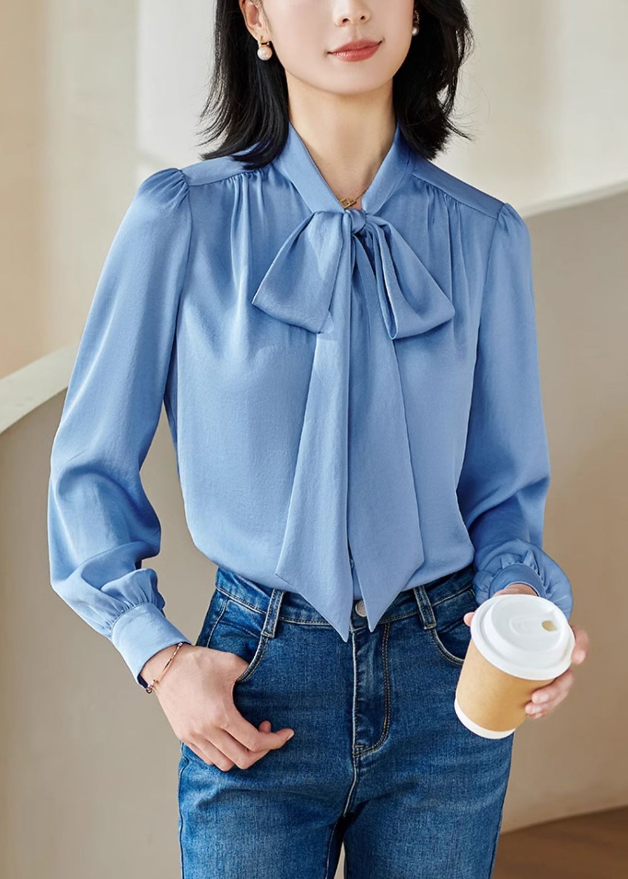 Stylish Blue Bow Patchwork Shirt Fall