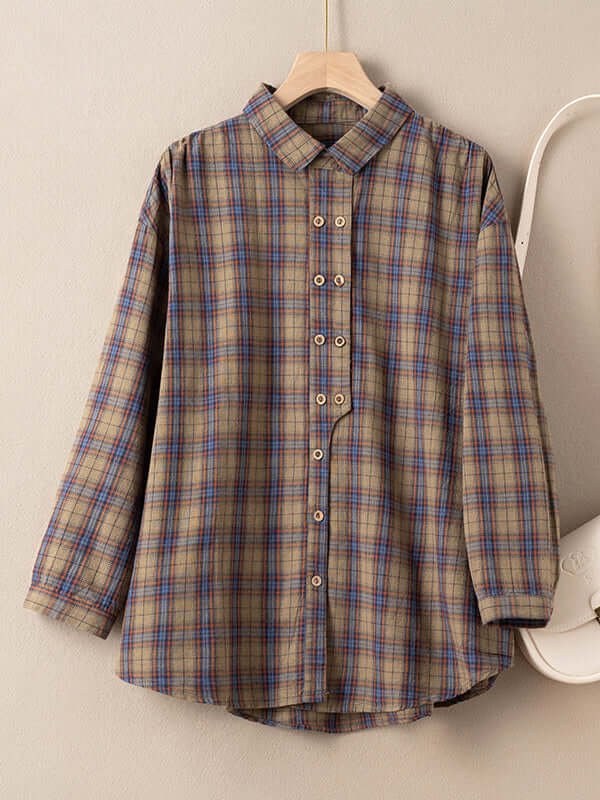 Natural Fabric Plaid Front Artsy Style Blouse