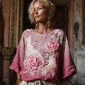 Vintage Crane And Peony Gradient Art Linen Three-quarter Sleeves Shirts elevenforest