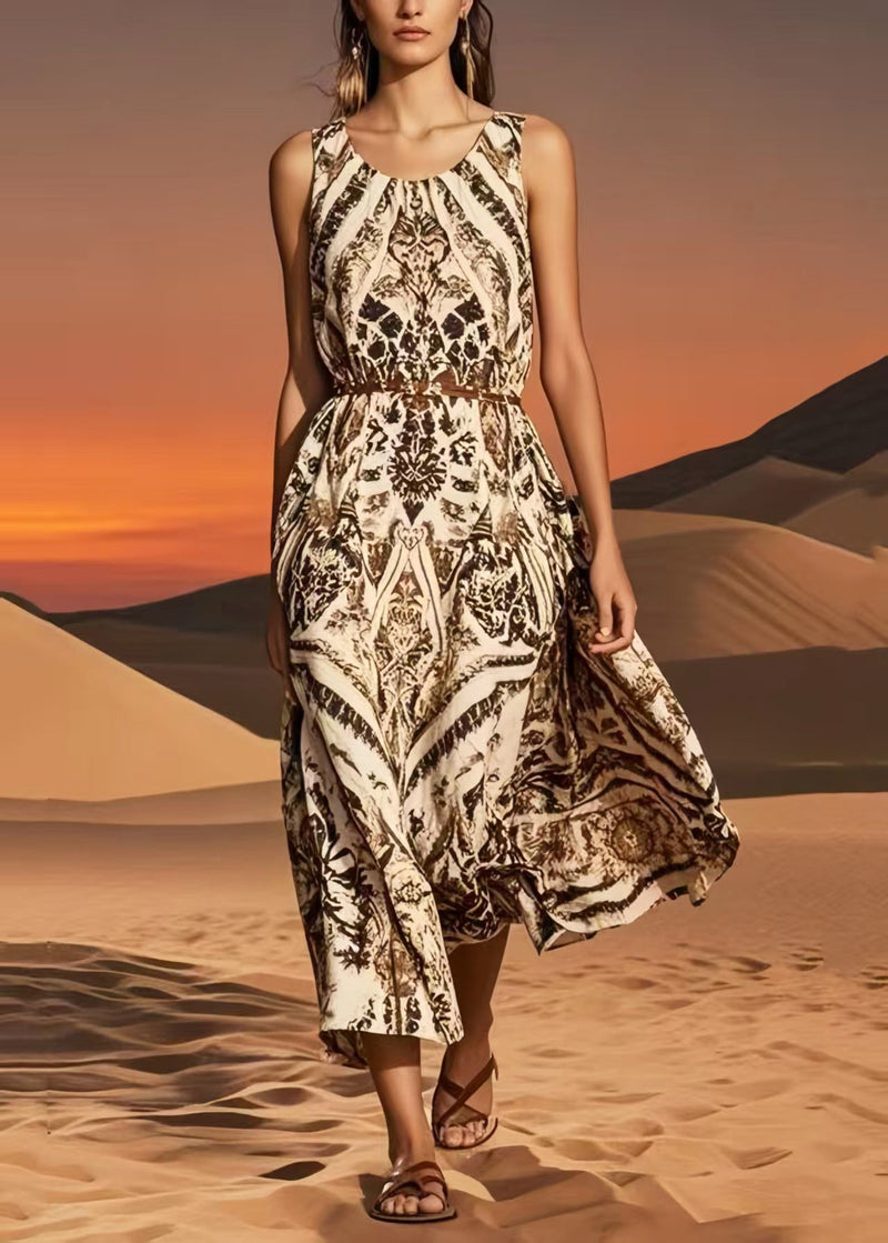 Brown O-neck Print Cotton Sundress Summer