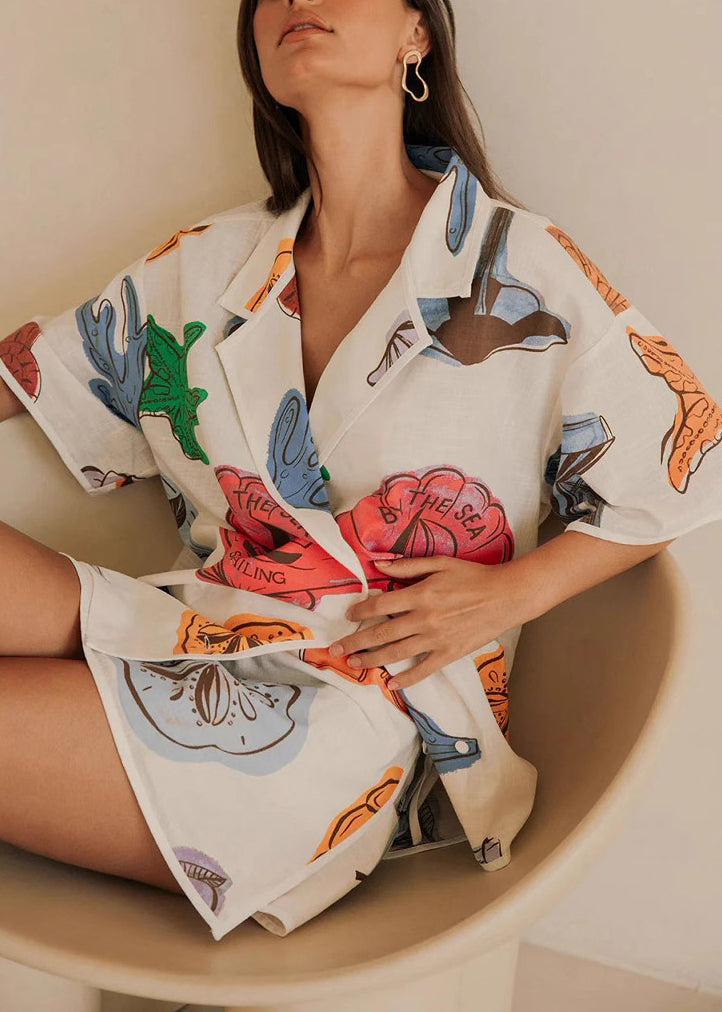 Loose White Print Lace Up Shirts and Skirts Two Pieces Set Summer