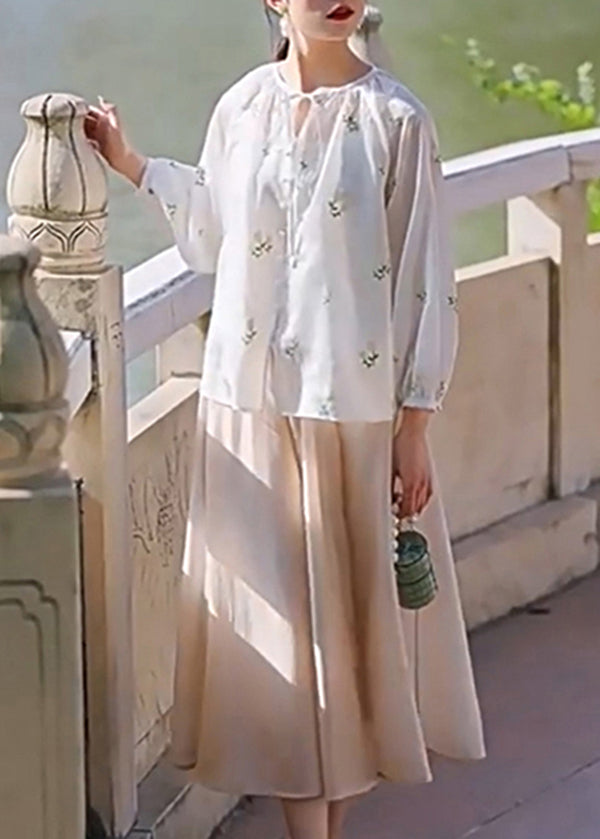 White Embroidered Lace Up Cotton Shirt Set Spring