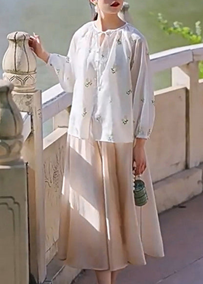 White Embroidered Lace Up Cotton Shirt Set Spring