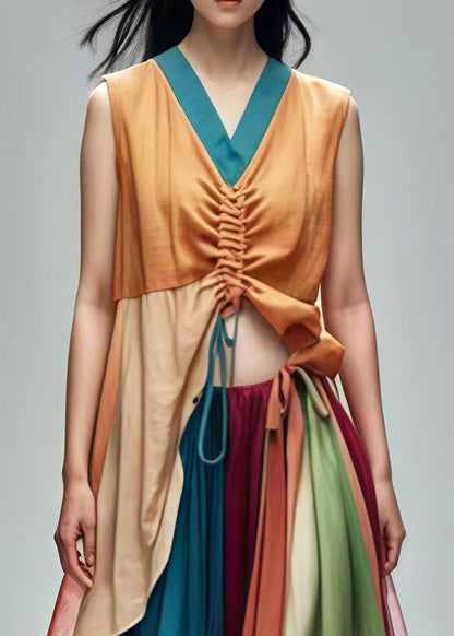 Unique Khaki Cinched Patchwork Cotton Tops and Tulle Skirts Two-piece Set Summer
