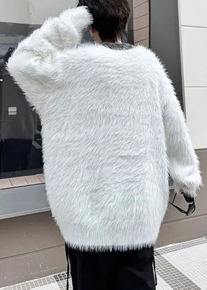 White Cozy Loose Mink Velvet Winter Sweaters O Neck
