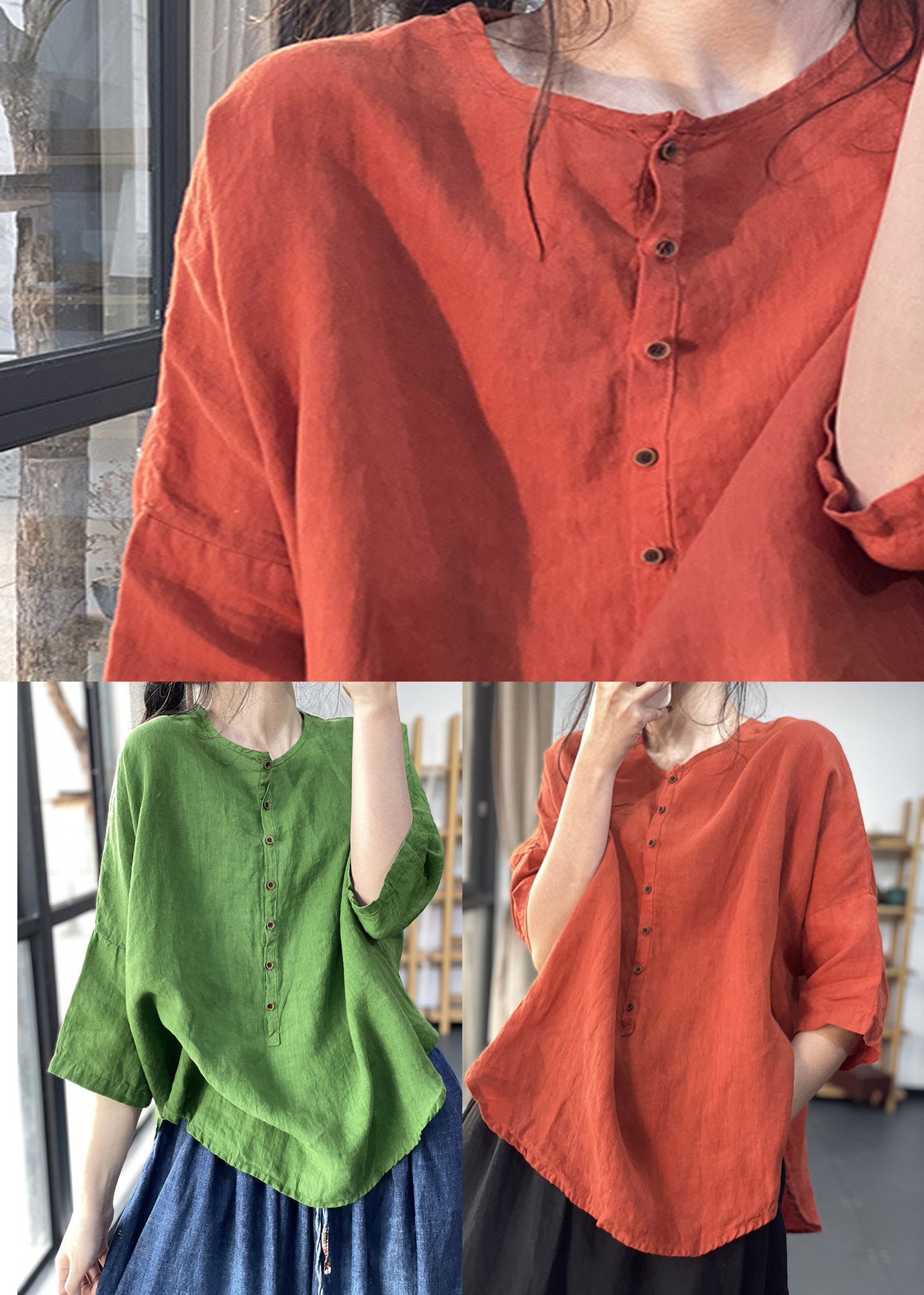 Green Button Side Open Cotton Blend Top Three Quarter Sleeve