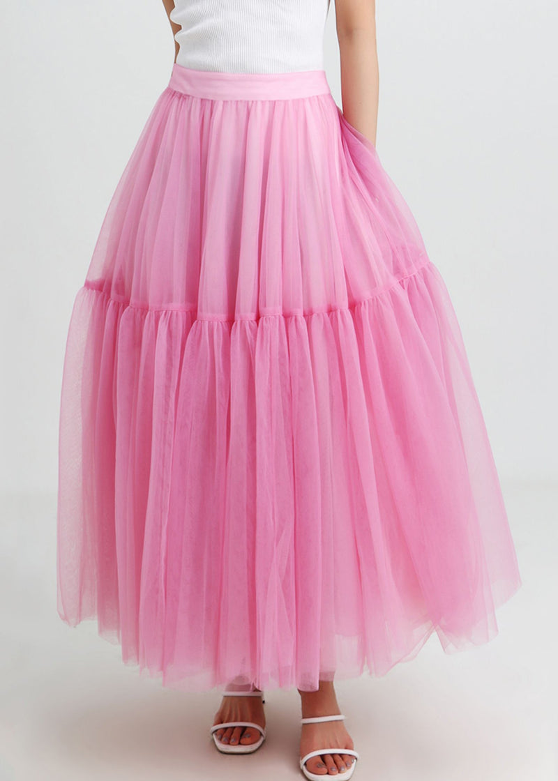 Pink High Waist Patchwork Tulle Pleated Skirt Summer