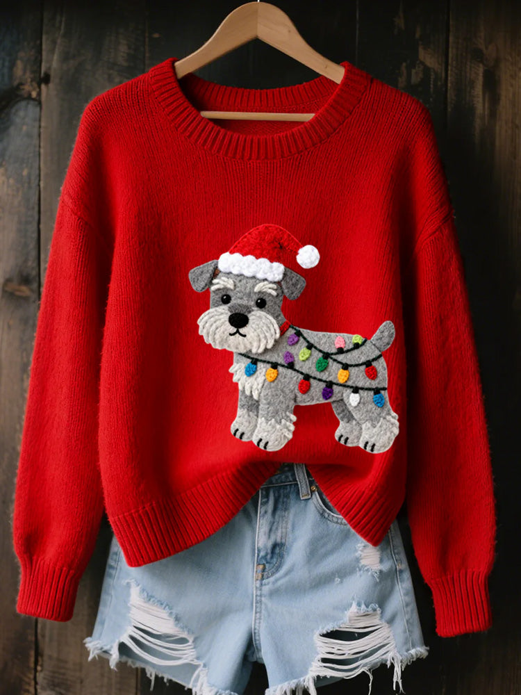 Comstylish Women's Christmas Schnauzer Dog Felt Art Cozy Knit Sweater