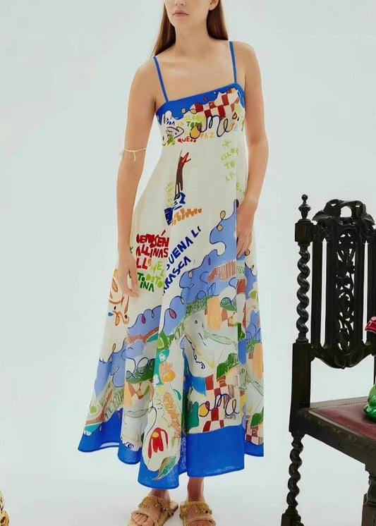 Blue Patchwork Maxi Spaghetti Strap Dresses Sleeveless