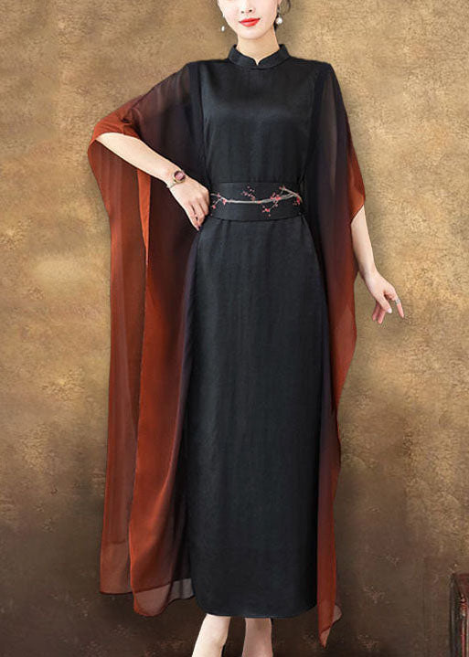 Black Stand Collar Sashes Silk Vacation Dresses Batwing Sleeve
