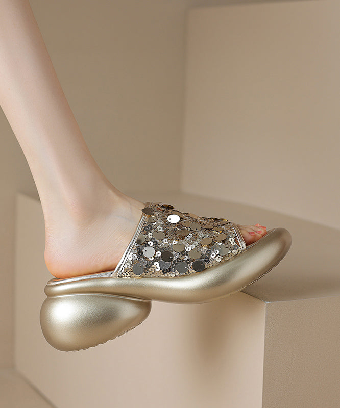 Stylish Splicing Platform Gold Sequins Slide Sandals Peep Toe