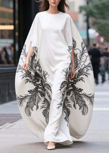 White Oversized Print Cotton Vacation Dresses Batwing Sleeve