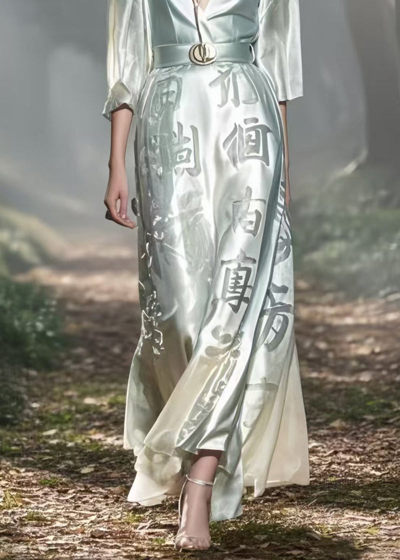 French White Deep-v Neck Print Silk Long Dress Bracelet Sleeve