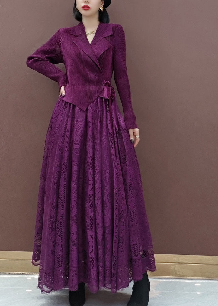 Fitted Purple Tie Waist Peter Pan Collar Knit Tops Lace Skirts Sets Two Pieces Spring